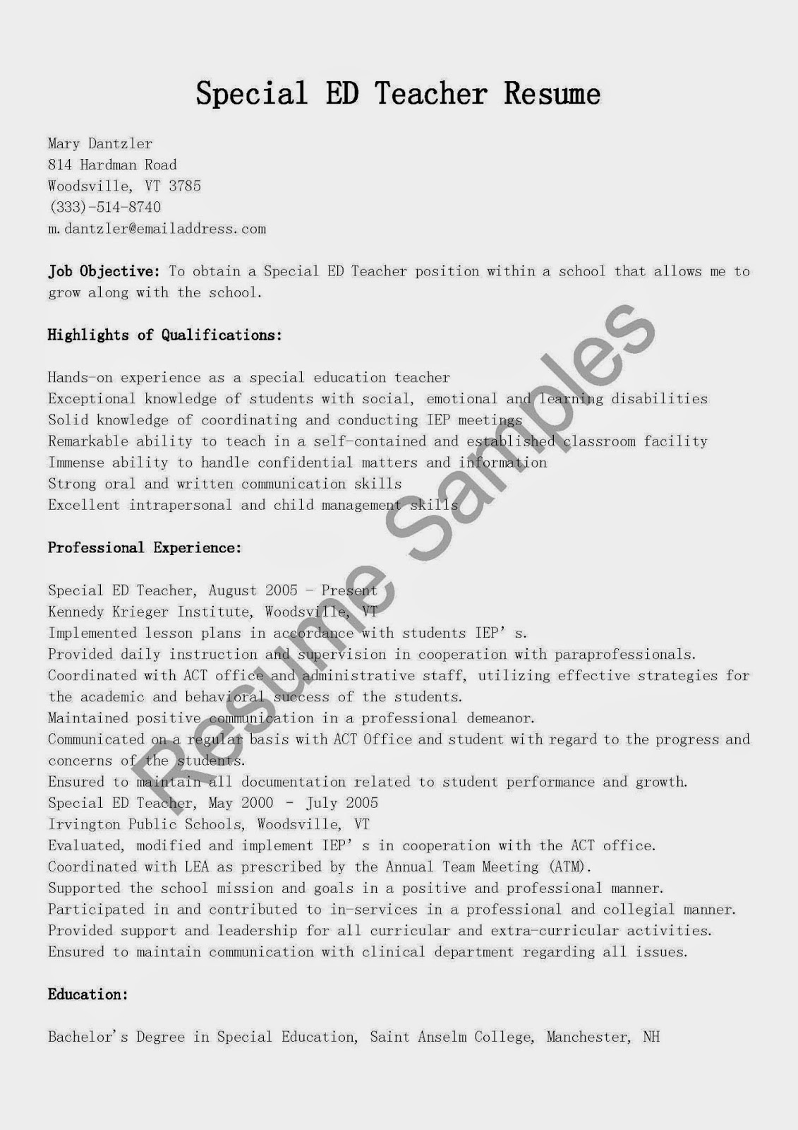 Sample resume for special education teacher